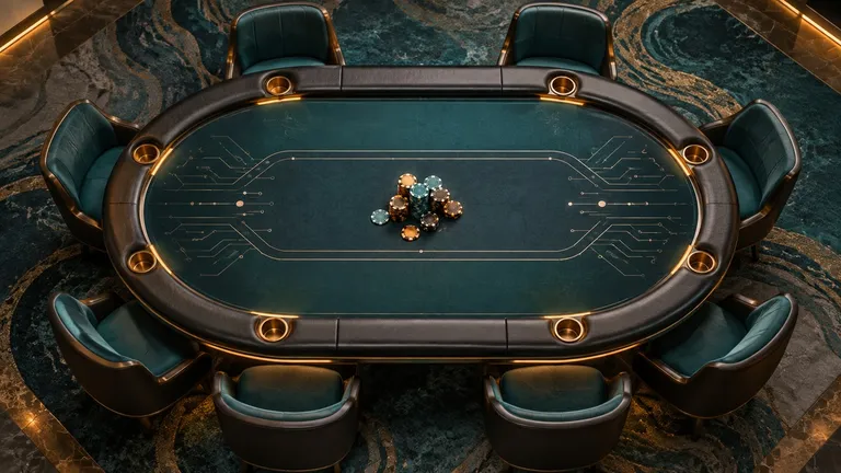 Editorial illustration of a poker table with chips and subtle electronic circuit patterns