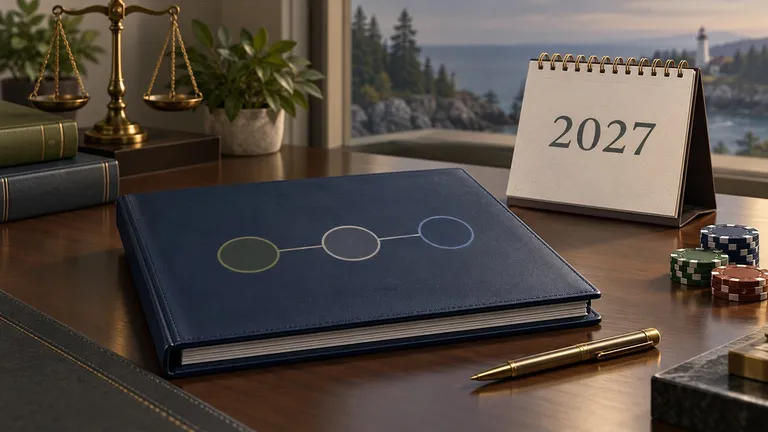 Editorial illustration of Maine iGaming launch preparations and an early-2027 calendar