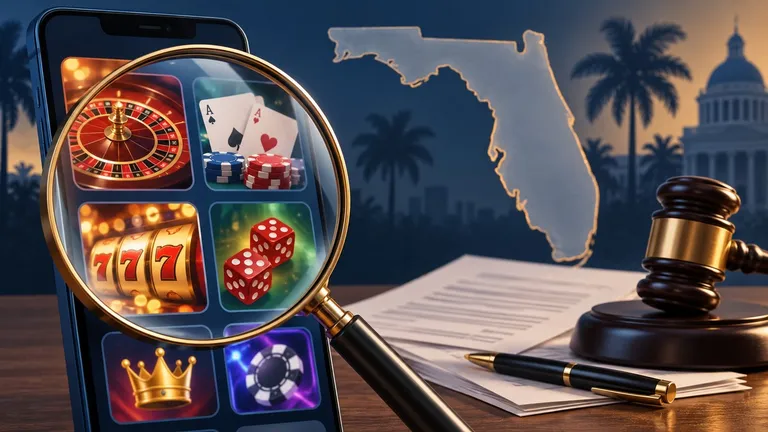 Florida sweepstakes casino advertising illustrated by game tiles and a legal gavel