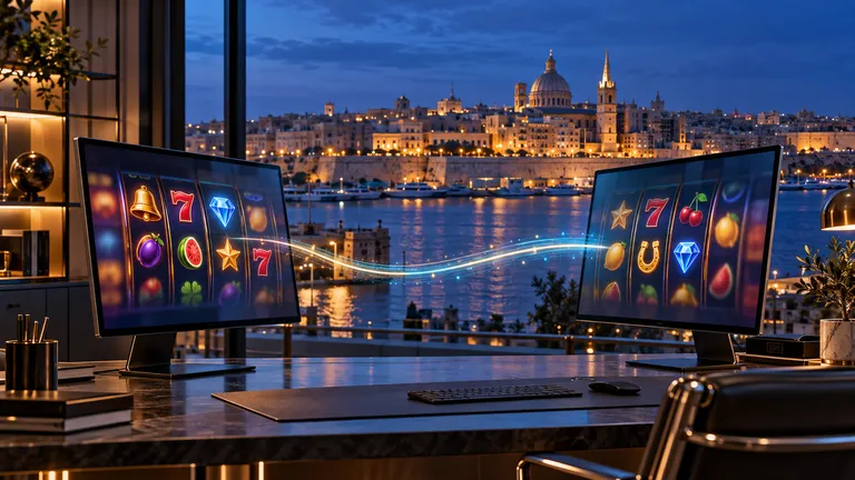 Two slot game display screens linked digitally above Valletta, illustrating the Just Slots and Hub88 distribution deal