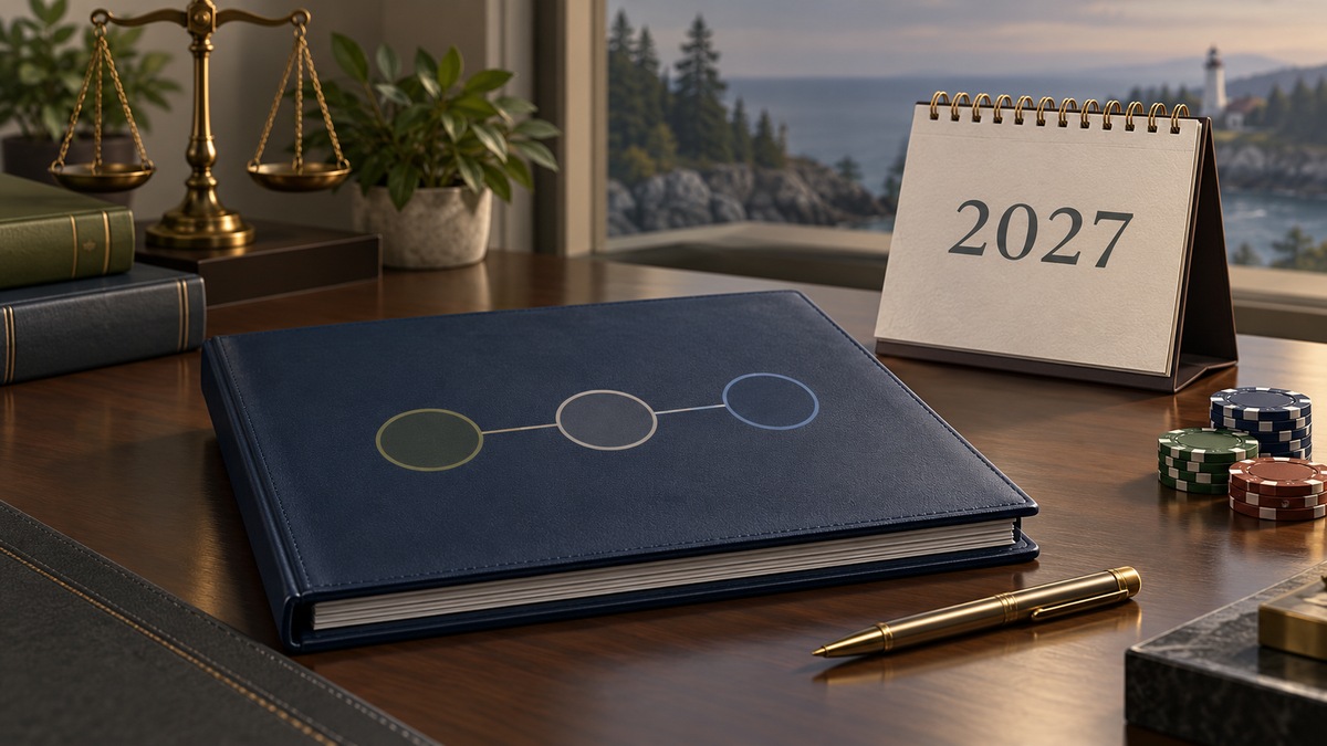 Editorial illustration of Maine iGaming launch preparations and an early-2027 calendar